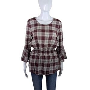 DownEast Burgundy & White Plaid Blouse Size S
